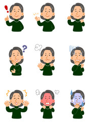 緑のセーターを着たシニアの女性　9種類のポーズのセット　上半身