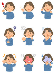 青いカットソーを着たシニアの女性　9種類のポーズのセット　上半身