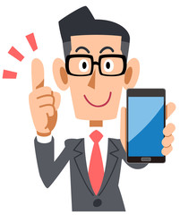 スマートフォンを持って解説する眼鏡をかけたビジネスマン