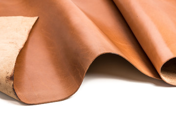Tanned leather dyed in brown color