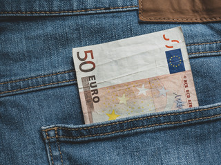 Close up of a 50 euro banknote in a pocket