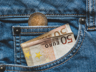 Close up of a 50 euro banknote in a pocket