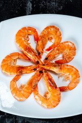 Grilled prawns close up. Royal delicious and beautiful shrimp. Flatley. Food background