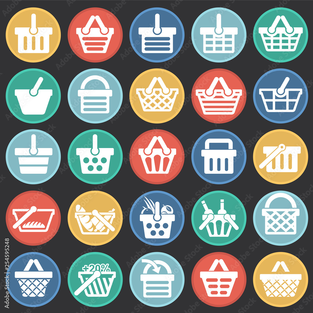 Poster shop basket icons set on color circles black background for graphic and web design. simple vector si
