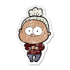 distressed sticker of a cartoon happy old woman