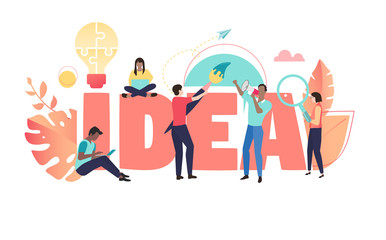 Business idea, coral creative poster with people working together. Brainstorm, cooperation and teamwork.