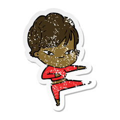 distressed sticker of a cartoon happy woman