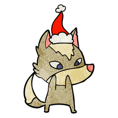 shy textured cartoon of a wolf wearing santa hat