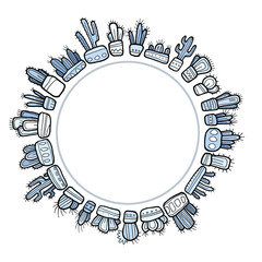 Round cactus frame. Collection of graphic hand drawn cacti isolated on the white background. Childrens drawing style