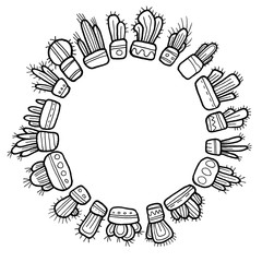 Round cactus frame drawn with ink. Collection of graphic hand drawn cacti isolated on the white background.