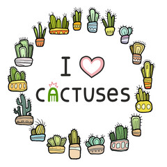 Color round cactus frame. Collection of colorful hand drawn cacti in decorative pots set isolated on white background