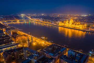 Fototapeta na wymiar Budapest, Hungary - Aerial skyline view of Budapest at blue hour with illuminated Parliament, Margaret Bridge and River Danube