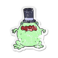 distressed sticker of a cartoon toad wearing top hat