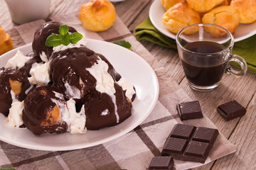Chocolate profiteroles.