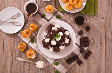 Chocolate profiteroles.