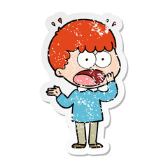 distressed sticker of a cartoon shocked man gasping