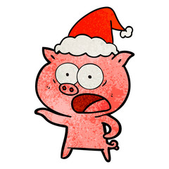 textured cartoon of a pig shouting wearing santa hat