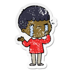 distressed sticker of a cartoon man crying