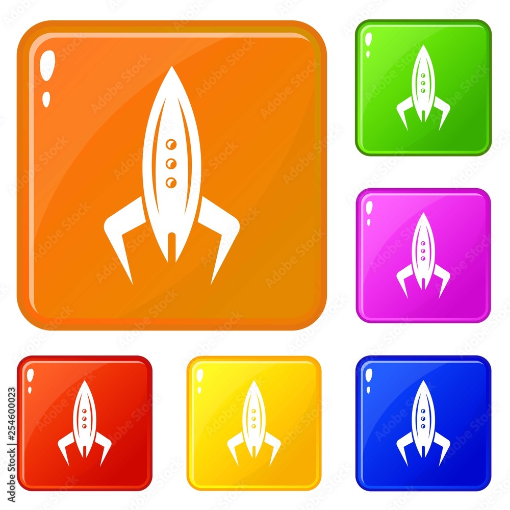 Poster rocket future icons set collection vector 6 color isolated on white background