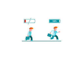 Businessman running with full of energy battery and tired businessman slowly walking with low energy battery icon. Business concept. Flat vector illustration. - Vector