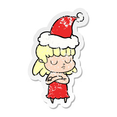 distressed sticker cartoon of a indifferent woman wearing santa hat