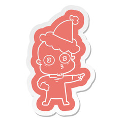 Fototapeta na wymiar cartoon sticker of a weird bald spaceman wearing santa hat