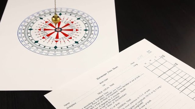 Astrologer use pendulum for tarot and a astrological circle for divination next to horoscope data sheet form