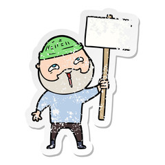 distressed sticker of a cartoon happy bearded man