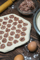 Preparation of pelmeni. Ingredients. Traditional Russian cuisine. Top view. Closeup