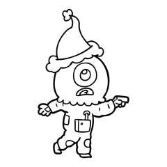 line drawing of a cyclops alien spaceman pointing wearing santa hat
