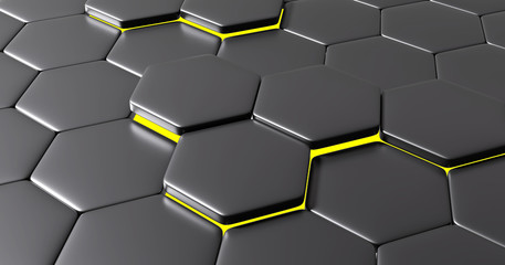 3d illustration of grey and yellow hexagons modern background 