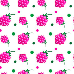 pink raspberries ripe berries seamless pattern white background flat