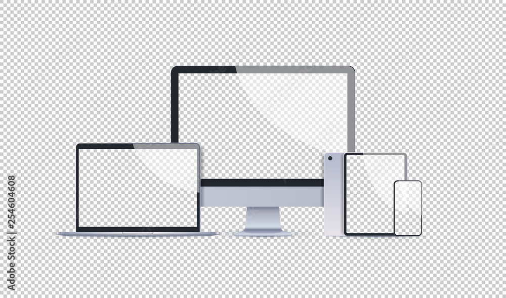 Poster realistic electronic devices mockup set laptop monitor tablet and smartphone with empty blank screen