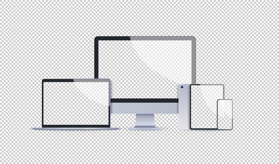 realistic electronic devices mockup set laptop monitor tablet and smartphone with empty blank screen digital technology concept transparent background horizontal