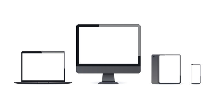 realistic electronic devices mockup set laptop monitor tablet and smartphone with empty blank screen digital technology concept white background horizontal