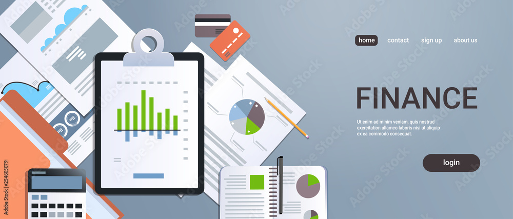 Poster finance chart diagram business statistic concept top angle view workplace desktop with paper documen