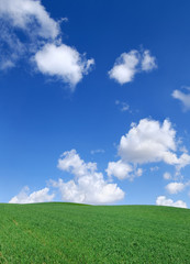 Idyllic view, green hills and blue sky with white clouds