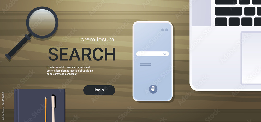 Poster mobile app browsing online search concept top angle view workplace desktop with laptop smartphone sc