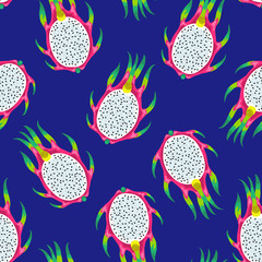 Seamless pattern with dragon fruits isolated on dark blue background. Vector Illustration of the exotic tropical pitayas.
