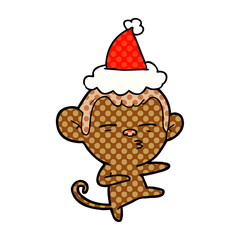 comic book style illustration of a suspicious monkey wearing santa hat