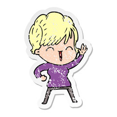 distressed sticker of a cartoon laughing woman