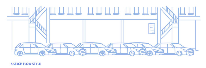 cars dealership center showroom building interior with exhibition of new modern vehicles sketch flow style horizontal banner