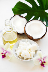 Fototapeta na wymiar Fresh coconut oil and spa ingredients