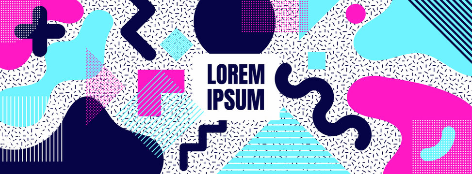 Geometric background with geometric shapes and curves, pattern with trendy Memphis fashion style 80s-90s template in colorful vibrant colors isolated on white background
