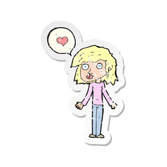retro distressed sticker of a cartoon woman in love