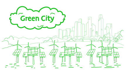 modern eco city with wind turbines and solar panels green energy concept skyscraper cityscape background sketch flow style horizontal