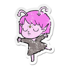 distressed sticker of a cartoon alien girl