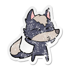 distressed sticker of a cartoon wolf whistling