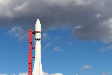 Russian spaceship Vostok 1, monument of the first soviet rocket at exhibition VDNH in Moscow...