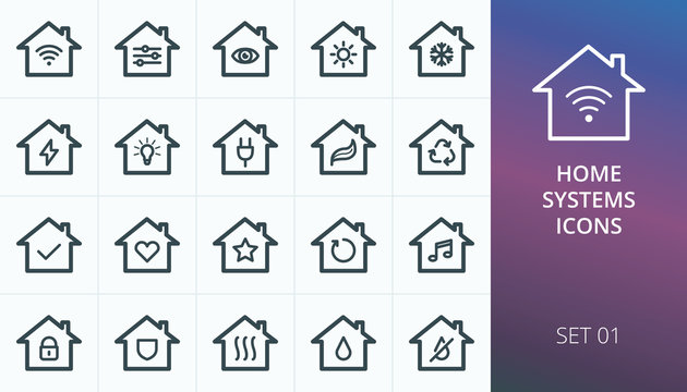 Smart Home Systems Icons Set. Set Of Smart House, Wireless Home Systems, Electrification, Lighting, Water Supply, Heating, Cooling, Safety Vector Icons